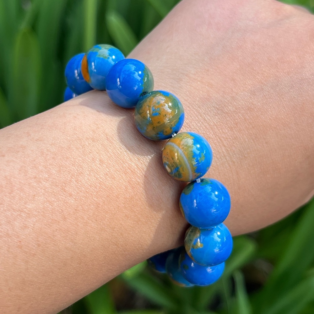 14mm stretchable blue earth pattern agate bracelet - Picture 5 of 13
